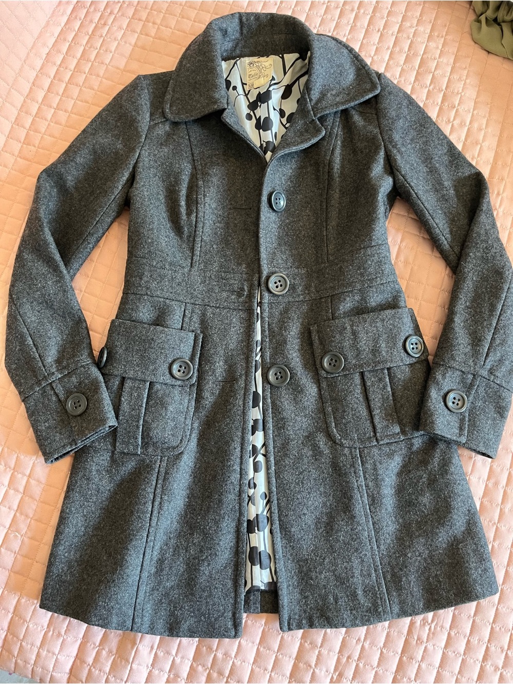 Womens Tulle Gray Wool-Blend Button Front Coat - sz XS with